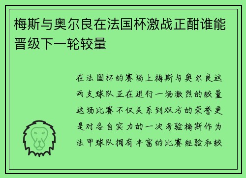 梅斯与奥尔良在法国杯激战正酣谁能晋级下一轮较量