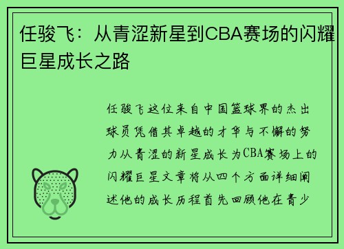 任骏飞：从青涩新星到CBA赛场的闪耀巨星成长之路
