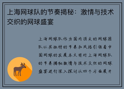 上海网球队的节奏揭秘：激情与技术交织的网球盛宴